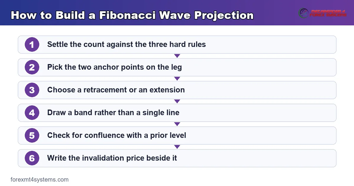 flow diagram of how to build a Fibonacci wave projection in the correct order