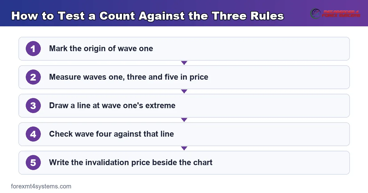 flow diagram of how to test a wave count against the three hard rules in order