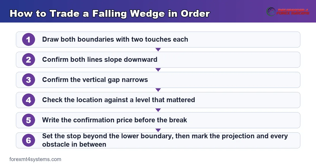 flow diagram of the order in which to trade a falling wedge from drawing to target