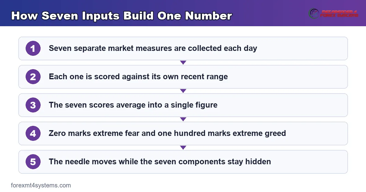 flow diagram of how seven market inputs build one fear and greed number on a single scale