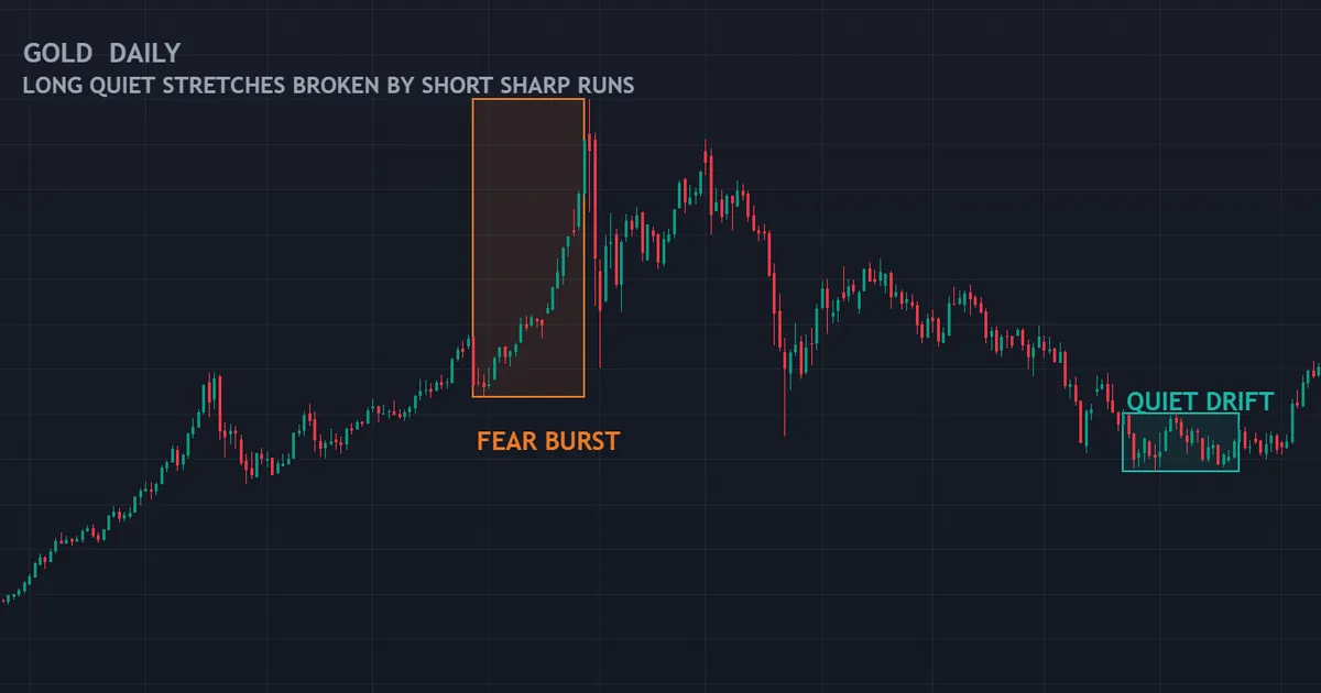 gold daily bars showing long quiet stretches broken by sharp vertical runs when fear arrives