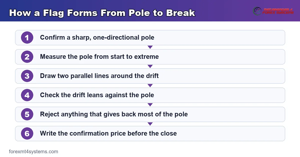 flow diagram showing how a flag forms from the pole through the drift to the break