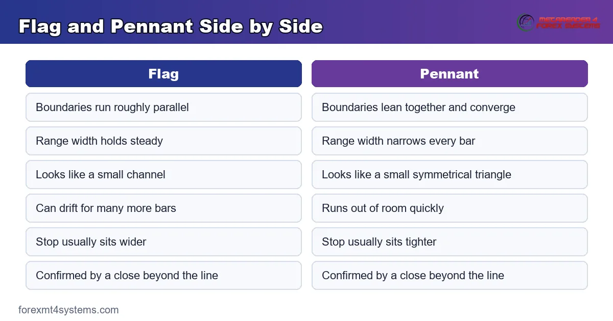 comparison panel placing flag and pennant side by side across boundaries, range width and stop distance