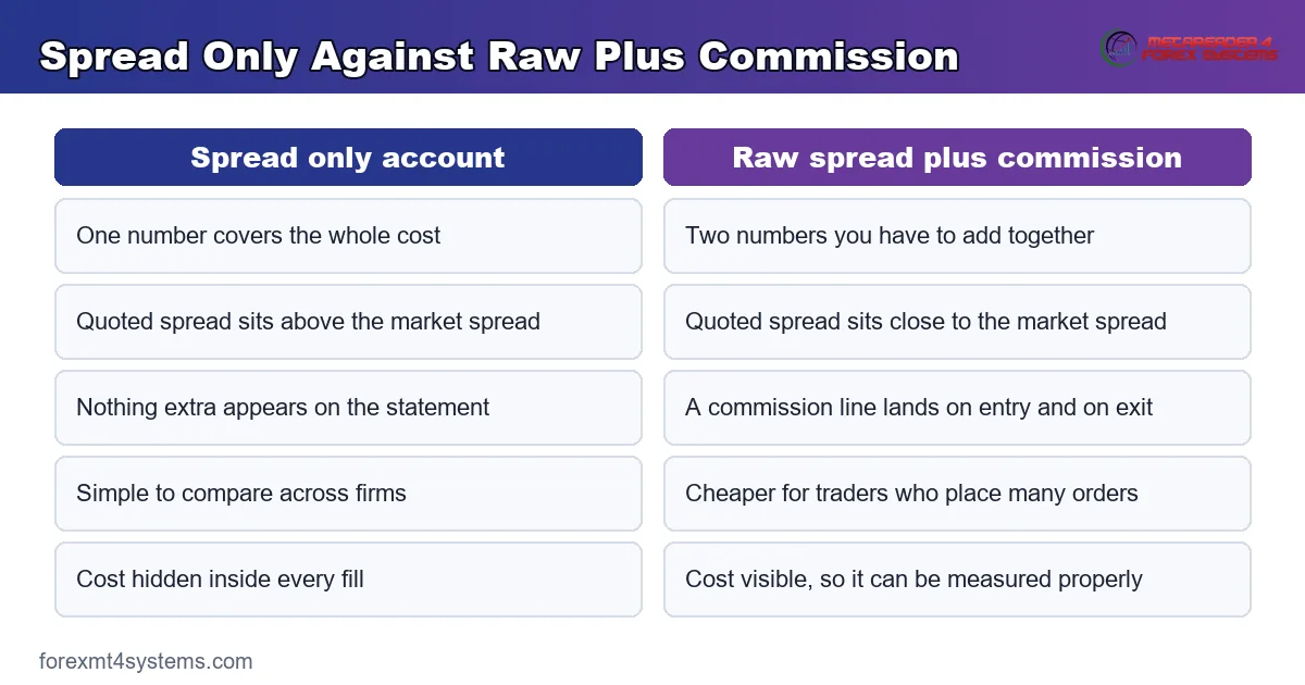 comparison panel setting a spread only account against raw pricing plus a commission per lot
