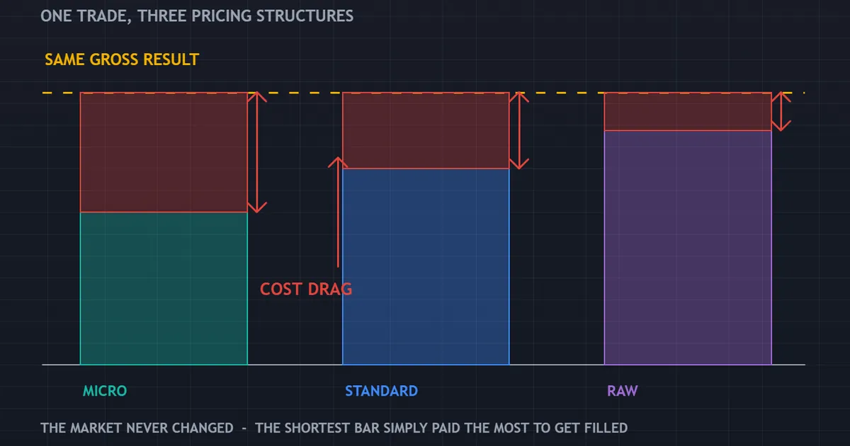 panel showing one identical trade priced on three account tiers, with cost the only difference