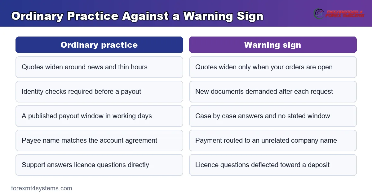 comparison panel setting ordinary broker practice against behaviour that counts as a warning sign
