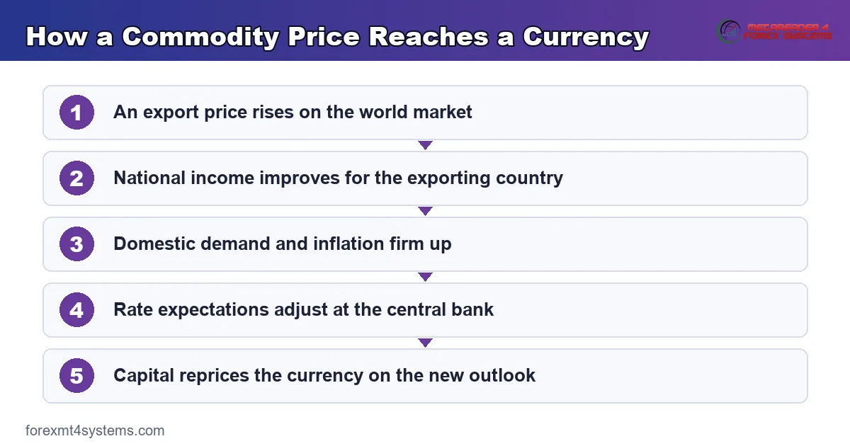 flow diagram showing how a commodity price reaches a currency through terms of trade