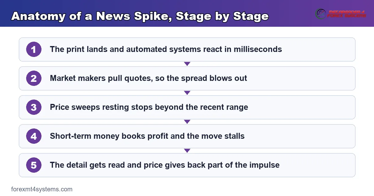 flow diagram showing the anatomy of a news spike from the print through to the retrace
