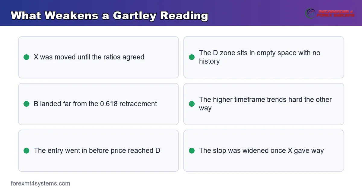 key points panel listing what weakens a gartley reading before the D zone is reached