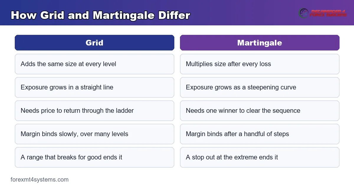 comparison panel showing how grid and martingale differ on spacing, sizing, exposure and exit