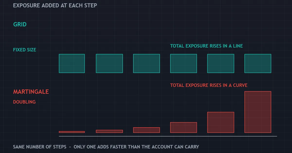 exposure panel with flat grid bars beside doubling martingale bars across the same number of steps