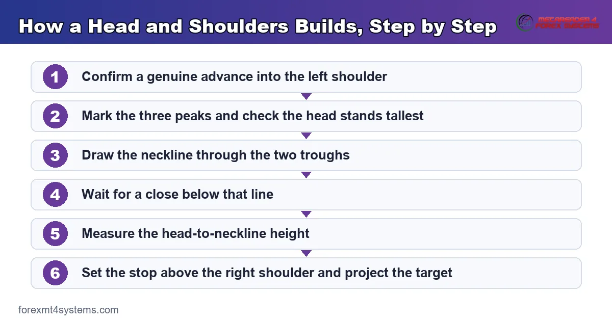 flow diagram of how a head and shoulders builds step by step, from prior advance to stop and target