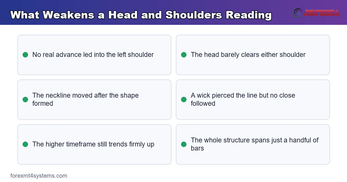 key points panel listing what weakens a head and shoulders reading before the neckline breaks