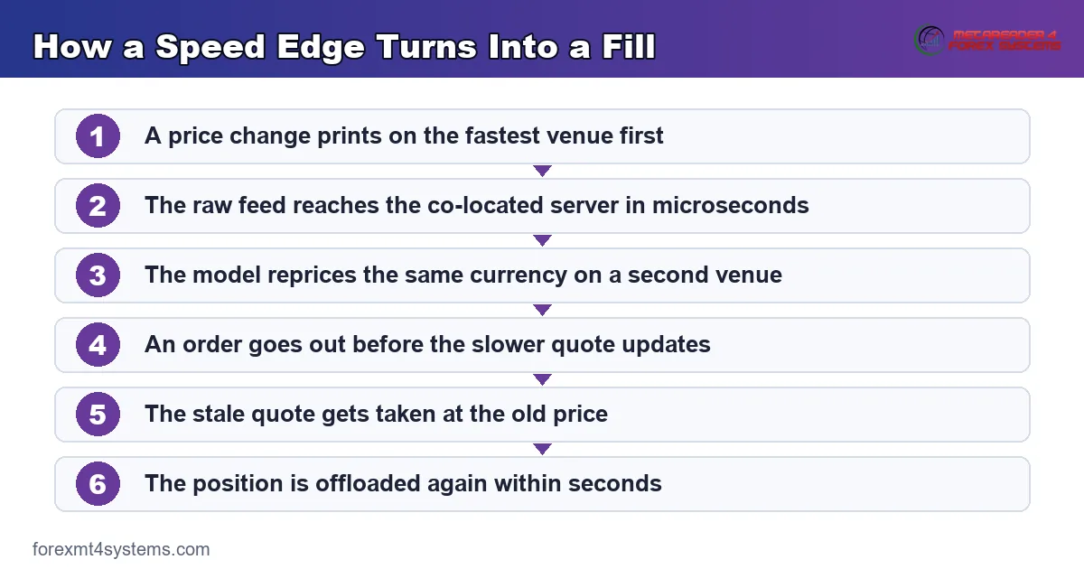 flow diagram showing how a speed edge turns into a fill, from feed arrival through to offloading risk