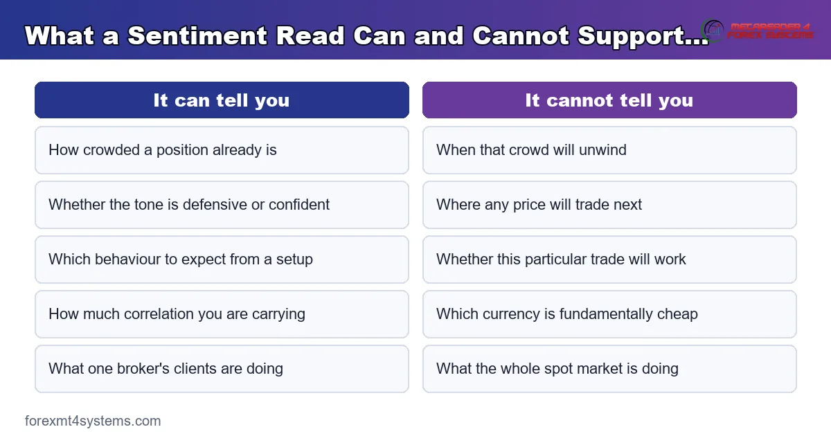 comparison panel splitting what a sentiment read can support from what it cannot