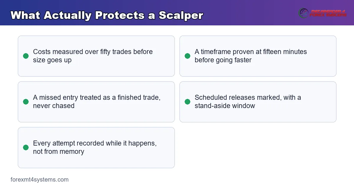 key points panel listing what protects a scalper, from measured costs to a written daily limit