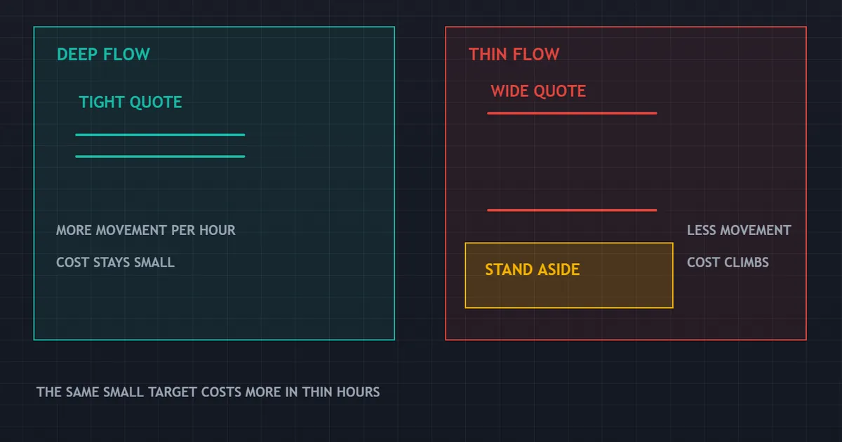 session selection panel contrasting deep-flow hours with thin-flow hours for one account