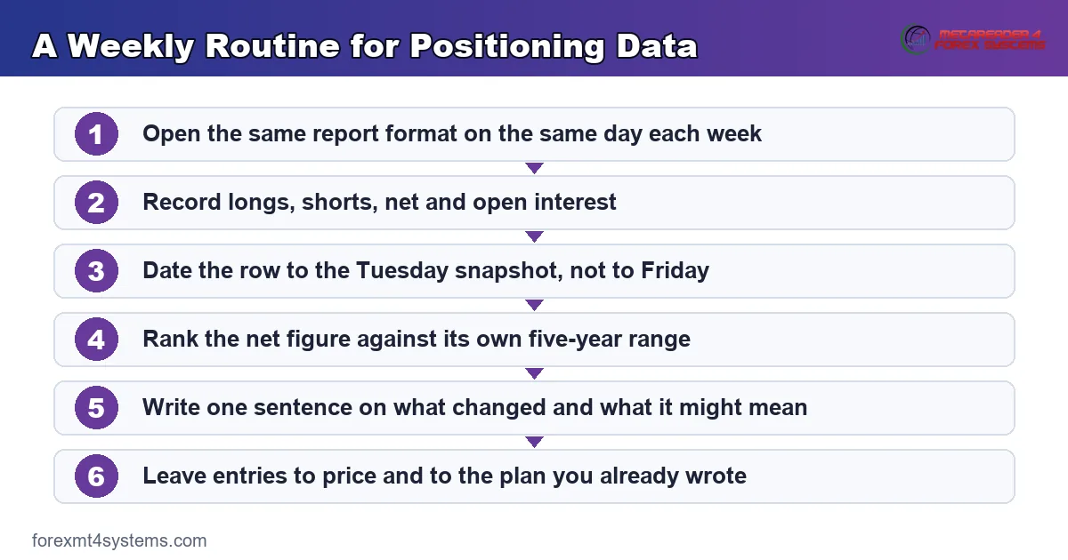 flow diagram showing a weekly routine for positioning data, from one report through to one written note