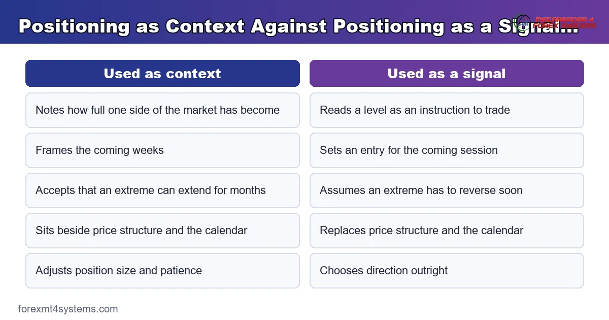 comparison panel setting positioning used as context against positioning used as a trading signal