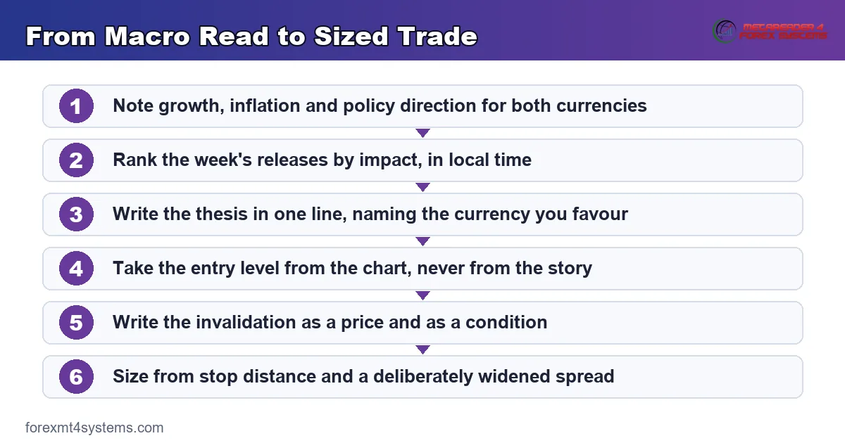 flow diagram tracing a macro read through to a sized trade, from backdrop to invalidation