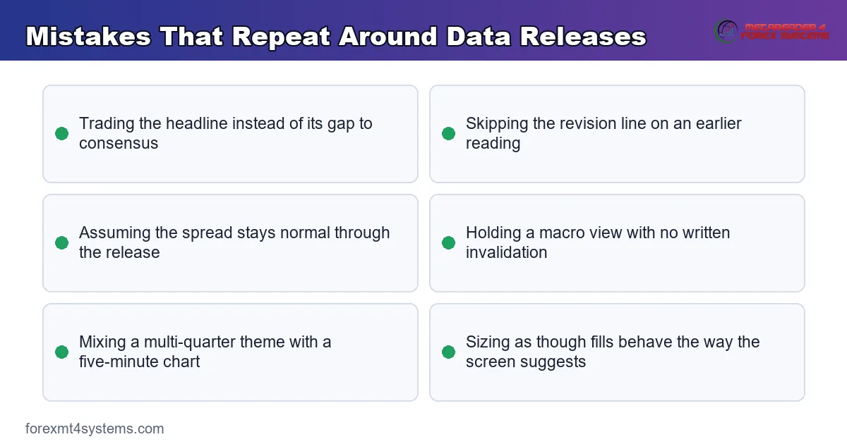 key points panel listing the mistakes that repeat around data releases, with the fix for each