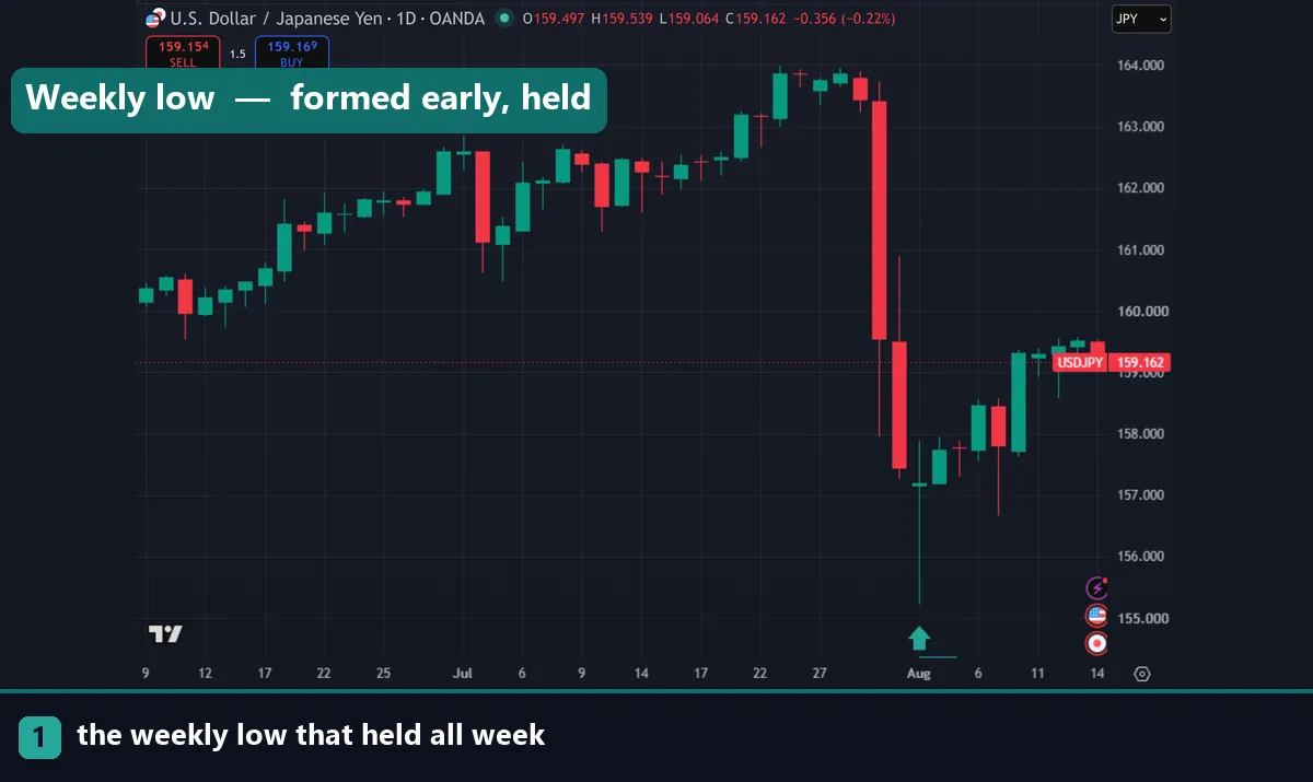 A USDJPY daily chart showing a weekly low that held for the week
