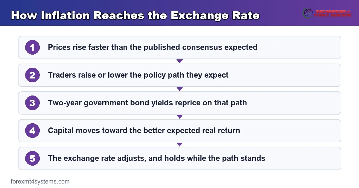 flow diagram showing how inflation reaches the exchange rate through the expected policy path