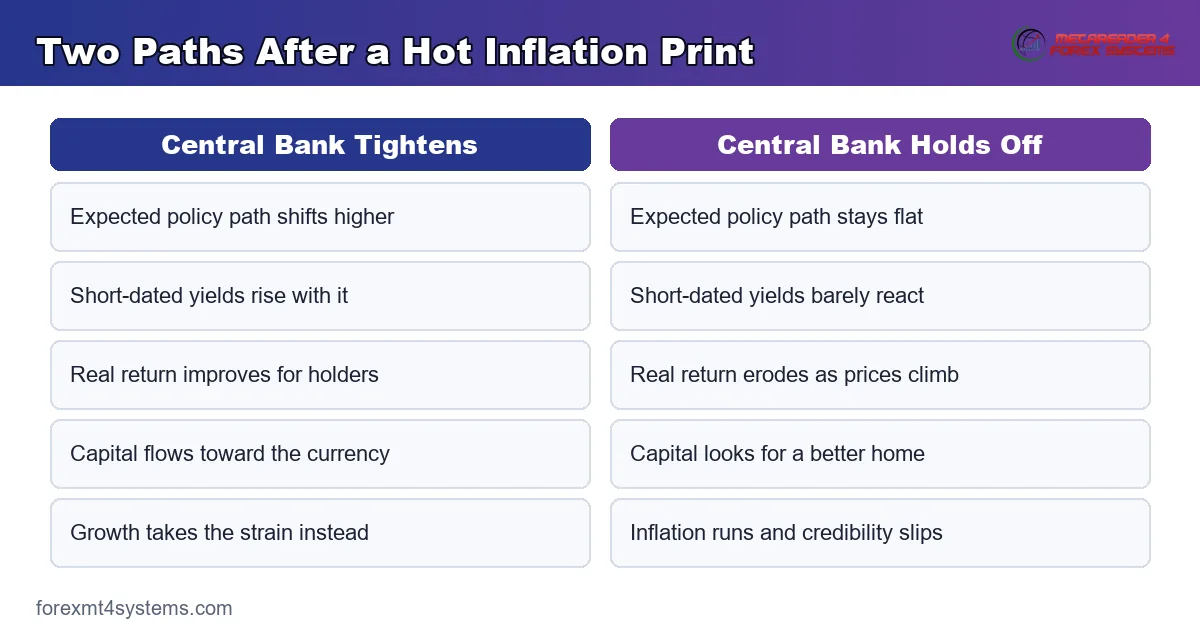 comparison graphic showing two paths after a hot inflation print, tightening against holding off
