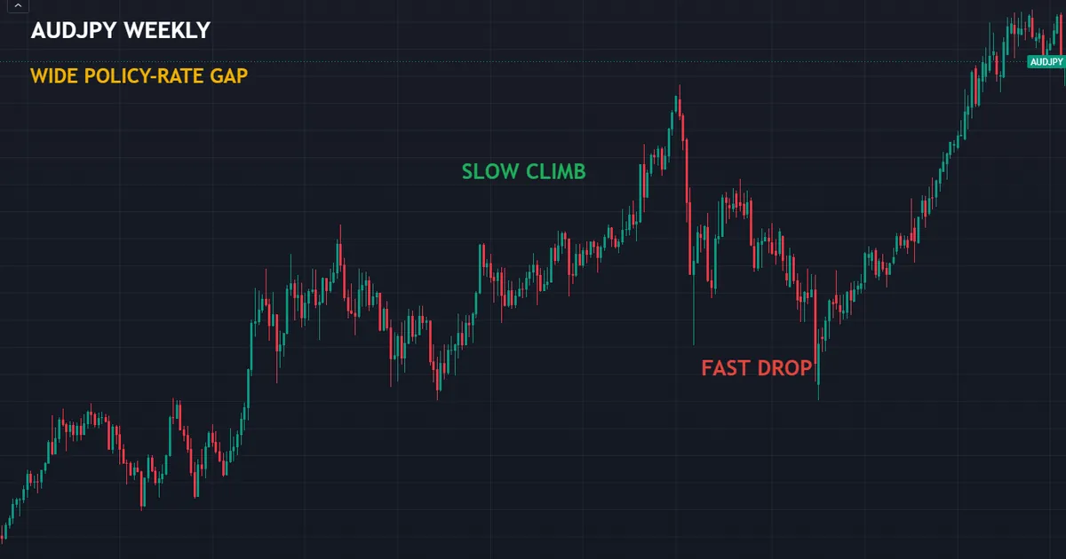 AUDJPY weekly chart showing a pair with a long-standing gap between two policy rates
