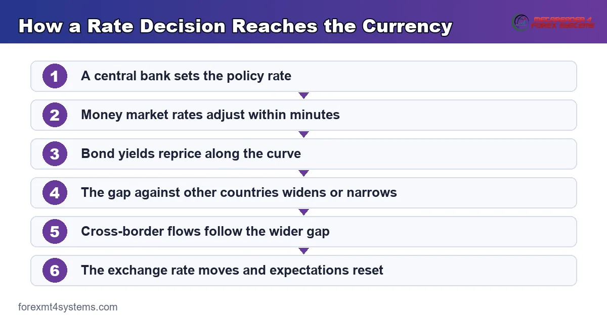 flow diagram of how a rate decision reaches the currency, from policy rate to exchange rate