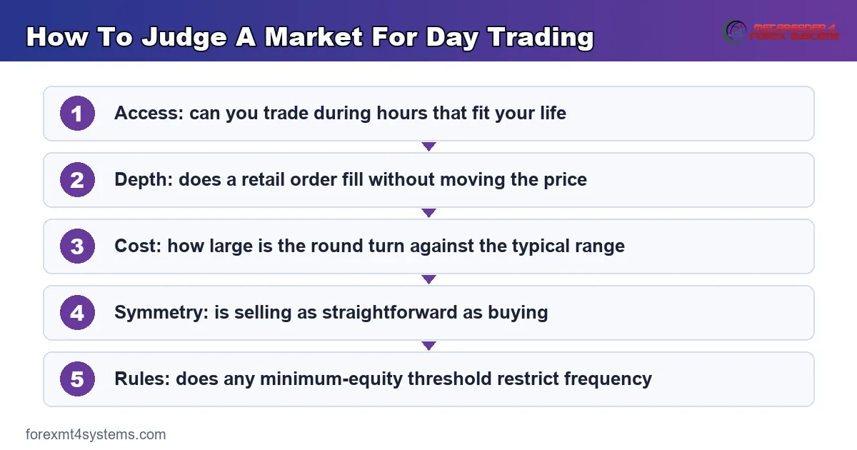 flow diagram of how to judge a market for day trading, from access and depth through cost and rules