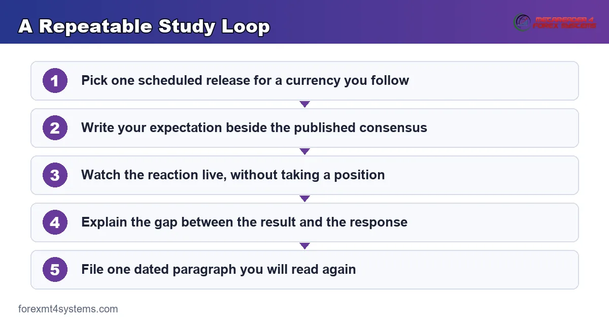 flow diagram of a repeatable study loop, from a written expectation through to a filed note