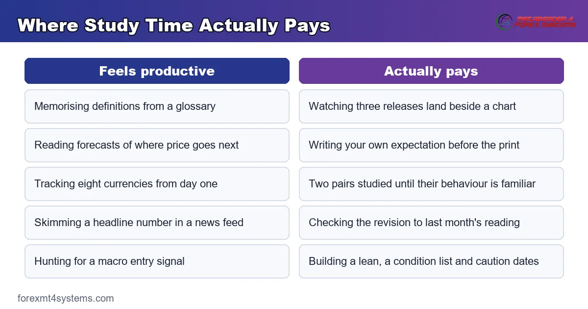 comparison graphic separating study time that feels productive from study time that actually pays