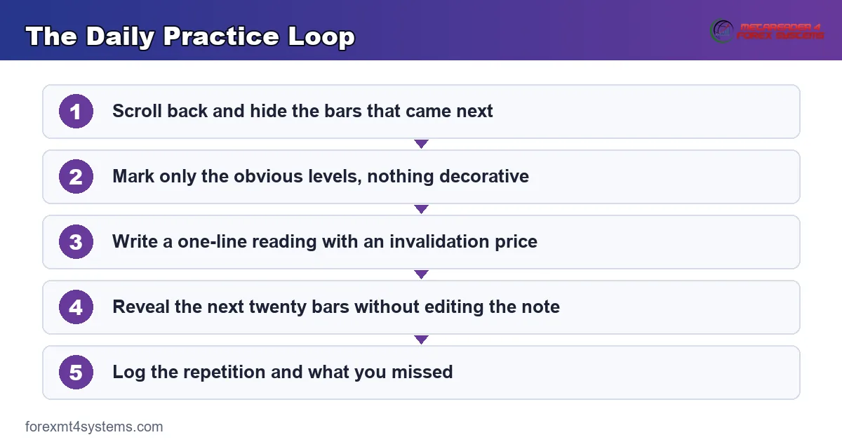 flow diagram of the daily practice loop, from hiding the future bars through to logging the repetition