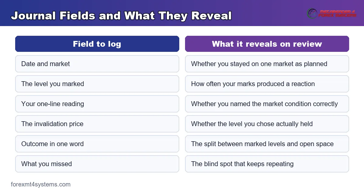 comparison panel of the six journal fields to log beside what each one reveals on review