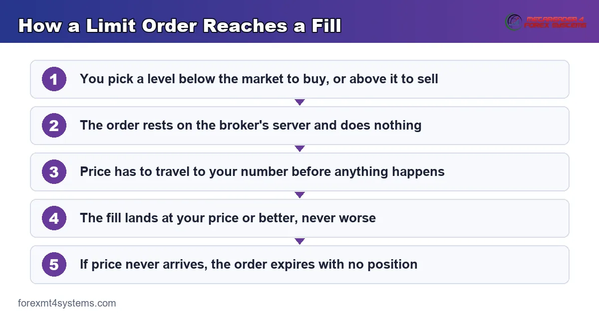 flow diagram showing how a limit order reaches a fill, from the chosen level through to fill or expiry