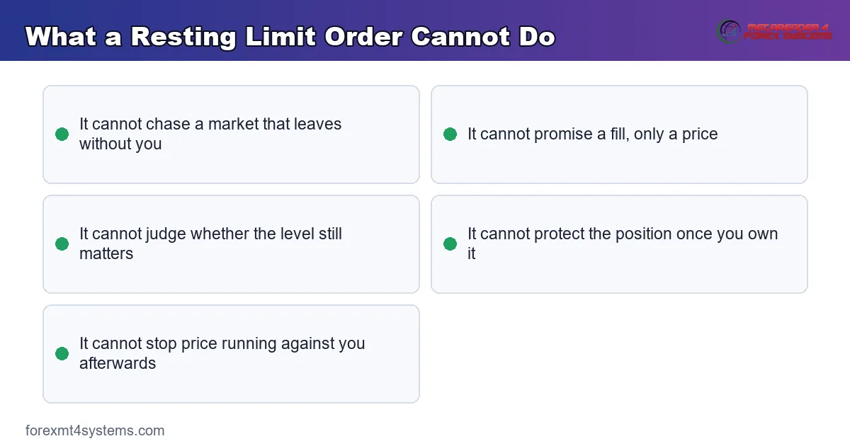 key points panel listing the jobs a resting limit order cannot do once it sits on the server