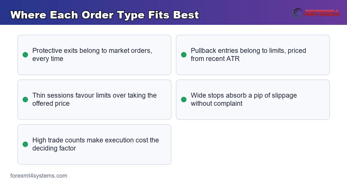 key points panel showing where each order type fits best across entries, exits and thin sessions