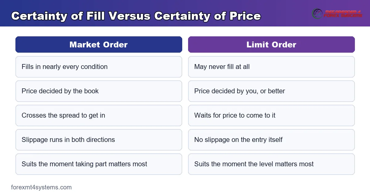 comparison panel setting certainty of fill against certainty of price for market and limit orders