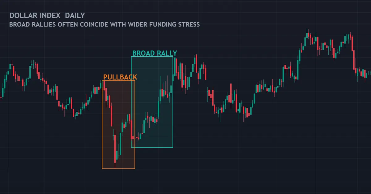 the dollar index on daily bars, broad rallies that often coincide with wider funding stress