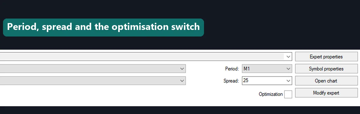 The MT4 Strategy Tester period, spread and optimisation controls