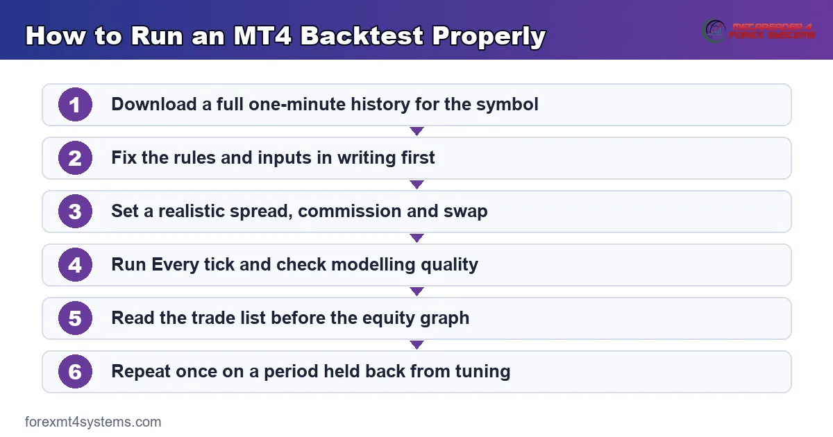 flow diagram of how to run an mt4 backtest properly, from fixed rules through to a forward test