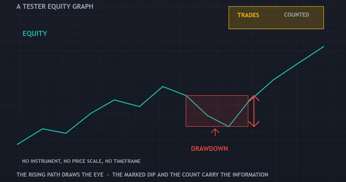 tester equity panel with a rising path, one marked drawdown and a trade count label beside it