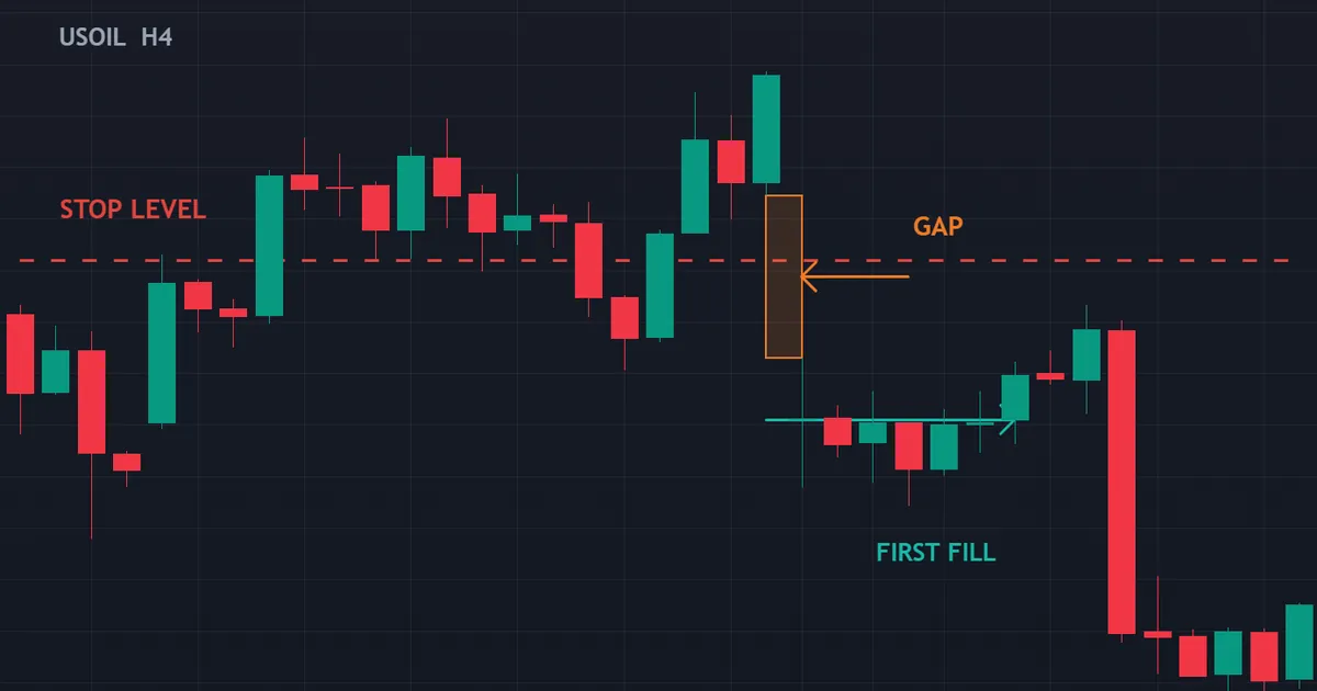 negative balance protection - USOIL four hour chart gapping straight through a stop level
