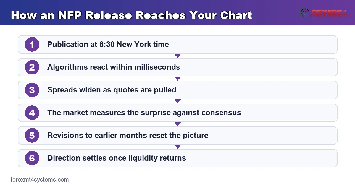 flow diagram of how an NFP release reaches your chart, from publication to a settled price