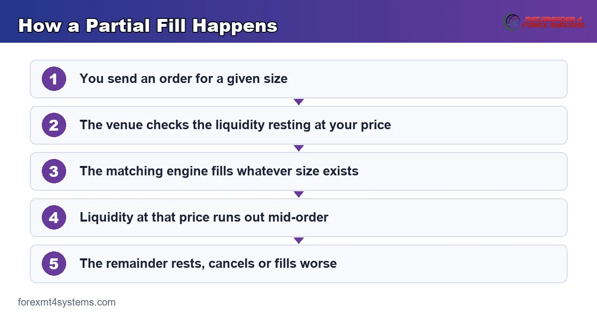 flow diagram showing how a partial fill happens, from order sent to what the remainder does