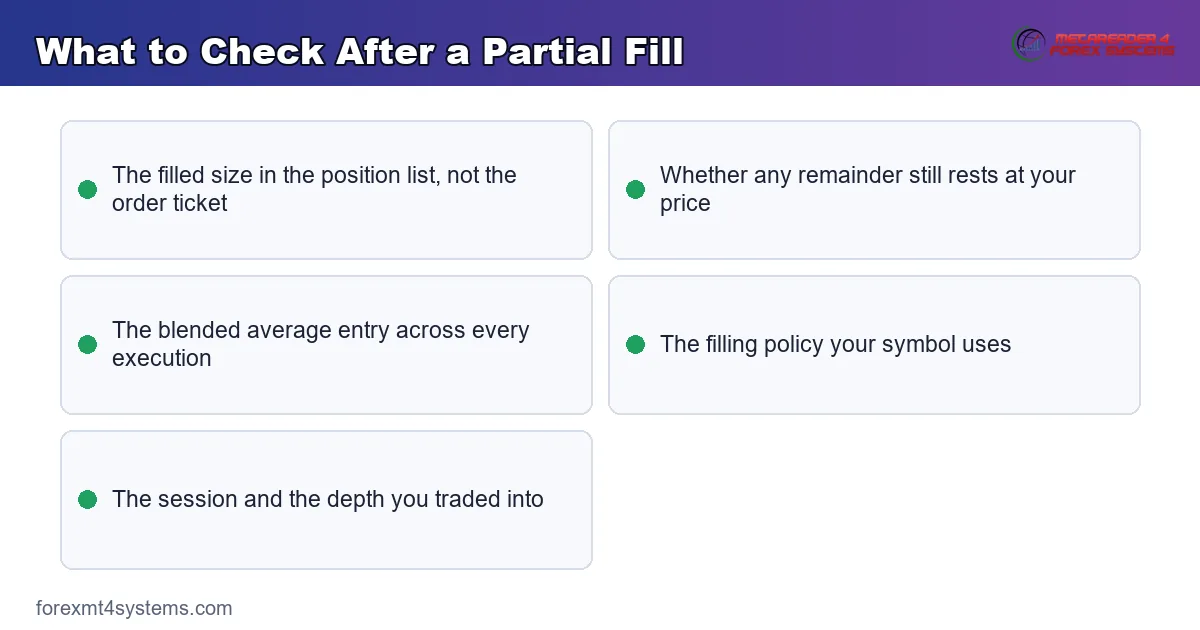 key points panel listing what to check after a partial fill, from filled size to the remainder