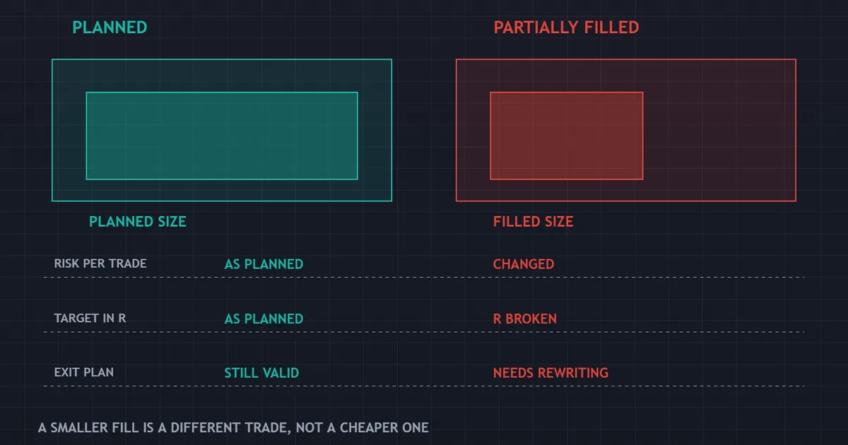 panel showing the consequences of a partial fill, from reduced size to broken risk arithmetic