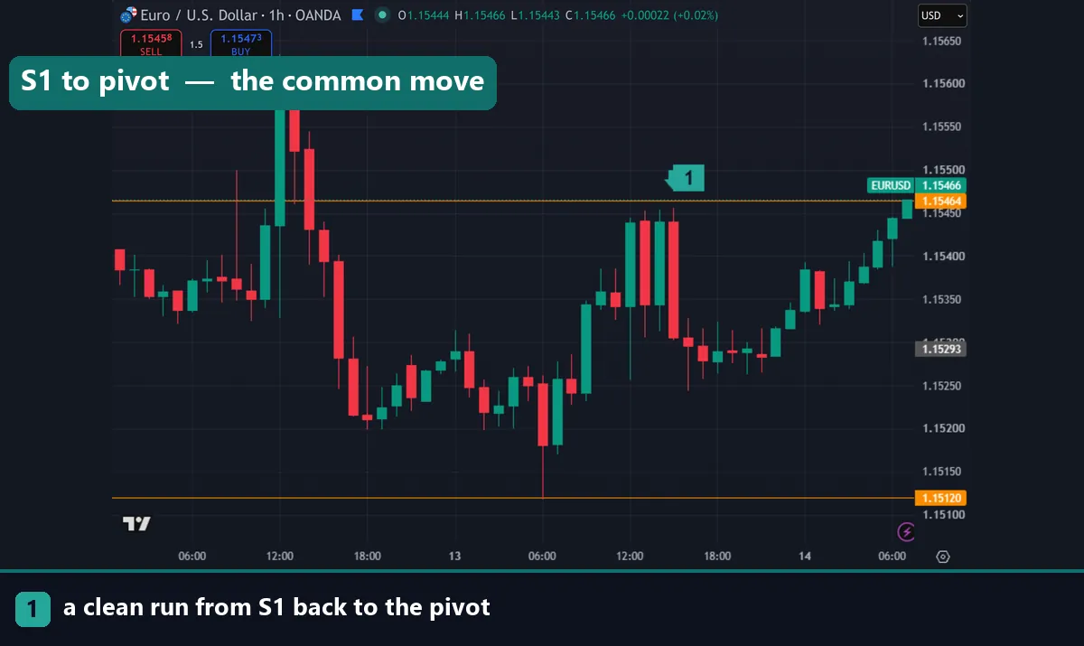 Price moving from S1 back to the pivot on EURUSD