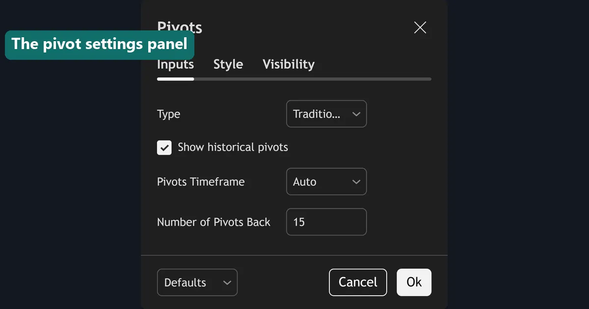 The pivot points settings panel on TradingView